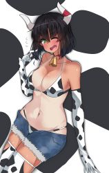 Rule 34 | 1girl, absurdres, animal print, bell, bikini, bikini under clothes, black hair, blue shorts, blush, bob cut, breasts, cleavage, commentary, cow horns, cow print, cow print bikini, cutoffs, dark-skinned female, dark skin, denim, denim shorts, dutch angle, elbow gloves, flying sweatdrops, girls und panzer, gloves, green eyes, halterneck, highres, horns, hoshino (girls und panzer), kshimu, large breasts, leaning forward, looking at viewer, navel, neck bell, one eye closed, open mouth, pointing, pointing at self, print bikini, print gloves, print thighhighs, short hair, short shorts, shorts, solo, standing, swimsuit, tan, tanline, thighhighs, white bikini, white gloves, white thighhighs