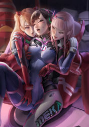 Rule 34 | 3girls, alternate breast size, between legs, blue eyes, grabbing another&#039;s breast, breasts, breath, brown eyes, brown hair, cameltoe, crossover, d.va (overwatch), darling in the franxx, facial mark, grabbing, green eyes, groping, hand between legs, headphones, highres, horns, licking lips, looking at another, moi&#039;dukdum, multigrope, multiple crossover, multiple girls, neon genesis evangelion, overwatch, overwatch 1, pilot suit, pink hair, plugsuit, souryuu asuka langley, tongue, tongue out, whisker markings, yuri, zero two (darling in the franxx)