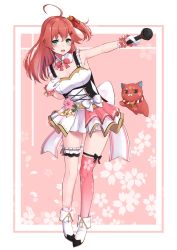 Rule 34 | 1girl, absurdres, ahoge, alternate costume, armpits, bell, blush, breasts, bridal garter, cat, cherry blossom print, cherry blossoms, cleavage, collarbone, floral print, frills, full body, gloves, green eyes, hair bell, hair between eyes, hair ornament, hairclip, highres, holding, holding microphone, hololive, idol clothes, kintoki (sakura miko), long hair, looking at viewer, microphone, miniskirt, nyan (reinyan 007), official alternate costume, one side up, open mouth, pink background, pink cat, pink hair, pink thighhighs, sakura miko, single thighhigh, skirt, thighhighs, virtual youtuber, white footwear, white gloves, white skirt