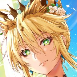 Rule 34 | 1girl, artoria pendragon (fate), artoria pendragon (lancer) (fate), blonde hair, blue eyes, blue sky, braid, bright pupils, closed mouth, commentary request, crown, day, earrings, fate/grand order, fate (series), flower, hair between eyes, hair bun, hair flower, hair ornament, jewelry, looking at viewer, outdoors, pink lips, portrait, sakiyamama, short hair, single hair bun, sky, smile, solo, white flower