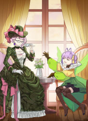 Rule 34 | 2girls, antenna hair, bare shoulders, black shorts, blush, boots, bow, breasts, brown footwear, brown gloves, chair, cleavage, closed eyes, coffeekite, cup, curtains, detached collar, dress, earrings, eyewear strap, fairy, fairy wings, fate/grand order, fate (series), flower, fox tail, glasses, gloves, green dress, green headwear, hair ribbon, hat, highres, jewelry, koyanskaya (british lostbelt outfit) (fate), koyanskaya (fate), large breasts, long hair, long sleeves, multiple girls, murian (fate), open mouth, pink bow, pink hair, purple hair, ribbon, short hair, shorts, sitting, small breasts, smile, table, tail, tamamo (fate), teacup, thigh boots, thighhighs, vase, window, wings, yellow ribbon