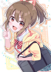 Rule 34 | 1girl, absurdres, bag, blue skirt, blush, bow, bowtie, breasts, brown eyes, brown hair, dot nose, from side, gradient background, grid background, hair ribbon, hand up, high ponytail, highres, holding, holding bag, hood, hood down, hoodie, hori yuko, idolmaster, idolmaster cinderella girls, idolmaster cinderella girls starlight stage, imakooo5, index finger raised, long hair, long sleeves, looking at viewer, medium breasts, multicolored background, open clothes, open hoodie, open mouth, orange background, plaid, plaid skirt, pleated skirt, polka dot, polka dot background, ponytail, red bow, red bowtie, red ribbon, ribbon, school uniform, shirt, skirt, smile, solo, star (symbol), striped bow, striped bowtie, striped clothes, white background, white shirt, yellow background, yellow hoodie