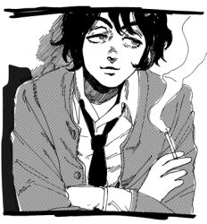 Rule 34 | 1boy, blazer, cigarette, collared shirt, crossed arms, dress shirt, greyscale, half-closed eyes, holding, holding cigarette, jacket, kaneoya sachiko, looking to the side, lowres, male focus, monochrome, original, shirt, smile, solo, upper body, wavy hair