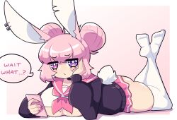 Rule 34 | 1girl, animal ear piercing, animal ears, ass, black outline, blunt bangs, blush stickers, border, breasts, bright pupils, cellphone, closed mouth, daigada, double bun, english text, expressionless, feet up, gradient background, hair bun, hand on own cheek, hand on own face, highres, holding, holding phone, large breasts, looking at viewer, lying, mole, mole on breast, neckerchief, ninnin (daigada), original, outline, phone, piercing, pink background, pink hair, pink neckerchief, pink sailor collar, pink skirt, purple eyes, purple serafuku, rabbit ears, rabbit girl, rabbit tail, sailor collar, school uniform, serafuku, shirt, sidelocks, skirt, smartphone, socks, solo, speech bubble, tail, thick thighs, thighs, underboob, white background, white border, white pupils, white shirt, white socks