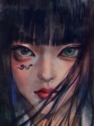 Rule 34 | 1girl, asian, black eyes, black hair, blunt bangs, chinese commentary, green eyes, haerin (newjeans), heterochromia, highres, k-pop, looking at viewer, mantang hua, newjeans, portrait, procreate (medium), real life, realistic, red lips, solo