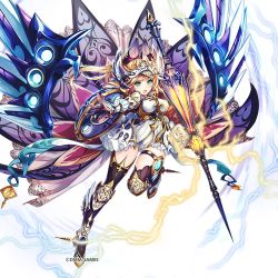 Rule 34 | 1girl, armor, blonde hair, breastplate, commentary request, copyright name, electricity, electrified spear, electrified weapon, energy, full body, gloves, green eyes, helmet, holding, holding weapon, kamihime project, leg up, leotard, long hair, looking at viewer, official art, open mouth, overskirt, polearm, ponytail, shield, simple background, solo, spear, thighhighs, weapon, white background, wings