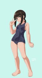 Rule 34 | 1girl, alternate costume, barefoot, black hair, blue one-piece swimsuit, blush, breasts, covered navel, dd (ijigendd), fubuki (kancolle), full body, green eyes, highres, kantai collection, looking at viewer, low ponytail, one-piece swimsuit, open mouth, ponytail, school swimsuit, short ponytail, sidelocks, small breasts, smile, solo, standing, swimsuit, v