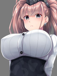 Rule 34 | 1girl, atlanta (kancolle), black hat, black skirt, blush, breasts, brown hair, buttons, closed mouth, earrings, garrison cap, grey background, grey eyes, hat, high-waist skirt, highres, jewelry, kantai collection, large breasts, long hair, long sleeves, ruin re birth, shirt, simple background, single earring, skirt, solo, star (symbol), star earrings, two side up, white shirt