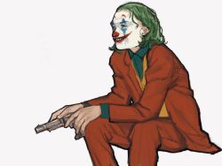 Rule 34 | 1boy, arthur fleck, bad id, bad twitter id, batman (series), black eyes, clown, collared shirt, commentary request, dc comics, facepaint, finger on trigger, formal, green hair, green shirt, grey background, grin, gun, handgun, highres, holding, holding gun, holding weapon, invisible chair, jacket, joker (2019), kondate (inugrm), long sleeves, looking ahead, m1911, male focus, medium hair, messy hair, nose, open mouth, orange vest, pants, pistol, pleated pants, red jacket, red pants, revolver, shirt, simple background, sitting, smile, solo, suit, teeth, the joker, trigger discipline, vest, weapon