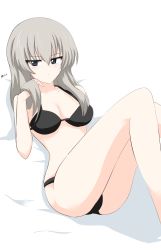 Rule 34 | 1girl, absurdres, aikir (jml5160), bed sheet, black bra, black panties, blue eyes, blush, bra, breasts, closed mouth, commentary, girls und panzer, half-closed eyes, hand in own hair, highres, itsumi erika, light blush, light frown, looking at viewer, lying, medium breasts, medium hair, on back, on bed, one-hour drawing challenge, panties, shadow, silver hair, skindentation, solo, twitter username, underwear, underwear only, white background