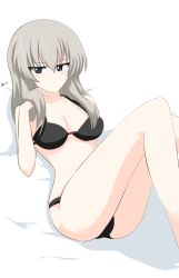 1girl absurdres aikir_(jml5160) bed_sheet black_bra black_panties blue_eyes blush bra breasts closed_mouth commentary girls_und_panzer half-closed_eyes hand_in_own_hair highres itsumi_erika light_blush light_frown looking_at_viewer lying medium_breasts medium_hair on_back on_bed one-hour_drawing_challenge panties shadow silver_hair skindentation solo twitter_username underwear underwear_only white_background