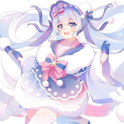 Rule 34 | 1girl, :d, blue eyes, blue hair, blue headwear, blue kimono, blush, bonnet, commentary, floating hair, fur-trimmed sleeves, fur trim, gloves, hair between eyes, hands up, hatsune miku, highres, japanese clothes, kimono, long hair, long sleeves, looking at viewer, open mouth, pink kimono, rimuu, simple background, smile, solo, thighhighs, twintails, very long hair, vocaloid, white background, white gloves, white thighhighs, wide sleeves, yuki miku, yuki miku (2023)