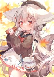 Rule 34 | 1girl, ahoge, animal ears, autumn leaves, bag, beret, black hat, black sailor collar, bow, brown jacket, commentary, dress, food, food on face, frilled dress, frills, grey hair, hair between eyes, hair ornament, hair ribbon, hairclip, hat, highres, holding, holding food, jacket, leaf, long hair, long sleeves, maple leaf, original, piyodera mucha, puffy long sleeves, puffy sleeves, red bow, red eyes, ribbon, sailor collar, sakurada shiro (hy plus), shoulder bag, sleeves past wrists, solo, symbol-only commentary, tail, taiyaki, very long hair, wagashi, white dress, white ribbon