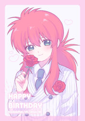 Rule 34 | 1boy, blue necktie, blush, border, buttons, character name, closed mouth, collared shirt, corsage, double-breasted, flower, formal, green eyes, hair between eyes, happy birthday, head tilt, heart, holding, holding flower, kurama (yu yu hakusho), lapels, long hair, long sleeves, looking at viewer, male focus, morishi (bearxforest), necktie, pink border, pinstripe pattern, pinstripe suit, red flower, red hair, red rose, rose, shirt, simple background, smile, solo, striped, suit, upper body, white background, white shirt, yuu yuu hakusho