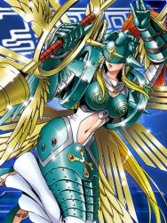 Rule 34 | 1girl, angel, armor, blonde hair, breasts, digimon, digimon (creature), digimon collectors, dress, female focus, helmet, lance, large breasts, lowres, midriff, monster girl, ofanimon, official art, polearm, ponytail, red hair, shoulder pads, solo, weapon, wide hips, wings