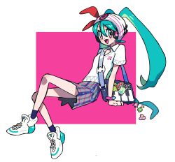 Rule 34 | 1girl, absurdres, aqua eyes, aqua hair, bag, bag charm, beanie, blue bag, blue socks, blush, bracelet, charm (object), collared shirt, commentary, creatures (company), english commentary, full body, game freak, green hair, grey skirt, hair between eyes, hair ribbon, hat, hatsune miku, headphones, highres, jewelry, kaatokun, long hair, looking at viewer, multicolored hair, nintendo, open mouth, piano print, plaid, plaid skirt, pleated skirt, pokemon, polo shirt, project voltage, psychic miku (project voltage), red ribbon, ribbon, shirt, shoes, short sleeves, shoulder bag, sitting, skirt, smile, sneakers, socks, solo, twintails, very long hair, vocaloid, white footwear, white hat, white shirt