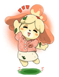 Rule 34 | 1girl, ^ ^, absurdres, animal crossing, animal ears, appleq, arm up, blush stickers, closed eyes, collared shirt, commentary request, dirty, dirty clothes, dog ears, dress shirt, facing viewer, full body, furry, furry female, grass, highres, isabelle (animal crossing), jumping, leaf, leaf on head, leaf print, nintendo, notice lines, pink shirt, print shirt, shirt, skirt, solo, white skirt