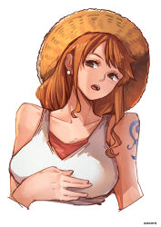 Rule 34 | 1girl, :o, aosora2823, arm tattoo, artist name, breasts, collarbone, commentary request, cropped torso, hat, head tilt, highres, large breasts, looking at viewer, nami (one piece), one piece, orange hair, romaji text, simple background, solo, straw hat, tank top, tattoo, upper body, white background, white tank top