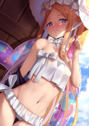 Rule 34 | 1girl, abigail williams (fate), abigail williams (swimsuit foreigner) (fate), abigail williams (swimsuit foreigner) (third ascension) (fate), bare shoulders, bikini, blonde hair, blue eyes, blue sky, blush, bonnet, bow, breasts, closed mouth, condom, dearonnus, fate/grand order, fate (series), forehead, heart, heart-shaped pupils, highres, innertube, long hair, looking at viewer, multiple bows, navel, paid reward available, parted bangs, sidelocks, sky, small breasts, smile, swim ring, swimsuit, symbol-shaped pupils, used condom, white bikini, white bow, white headwear