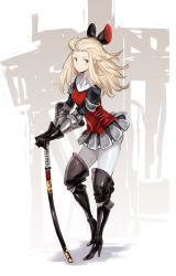 Rule 34 | 1girl, armor, armored dress, bad id, bad pixiv id, blonde hair, blue eyes, blush, boots, bow, bravely default: flying fairy, bravely default (series), edea lee, gauntlets, gloves, hair bow, hair ribbon, high heels, katana, leaning forward, long hair, looking at viewer, pantyhose, photoshop (medium), ribbon, saitou masatsugu, shoes, skirt, solo, sword, thigh boots, thighhighs, weapon, white thighhighs