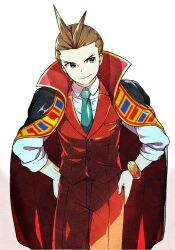 Rule 34 | 1boy, ace attorney, antenna hair, apollo justice, aqua necktie, asayosi k, black coat, black eyes, bracelet, brown hair, closed mouth, coat, coat on shoulders, collared coat, collared shirt, cowboy shot, forehead, forked eyebrows, formal, hands on own hips, high collar, jewelry, lapel pin, lapels, male focus, necktie, pants, red coat, red pants, red suit, red vest, shirt, short hair, simple background, sleeves rolled up, smile, smug, solo, suit, two-sided coat, two-sided fabric, v-shaped eyebrows, vest, white background, white shirt