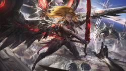 Rule 34 | 1boy, 1girl, 1other, absurdres, alternate costume, armor, bare shoulders, blonde hair, city, commentary request, full body, highres, holding, holding sword, holding weapon, kayle (league of legends), league of legends, long hair, nocturne (league of legends), outdoors, power armor, sword, weapon, wings, wutu (1183238220), yellow eyes