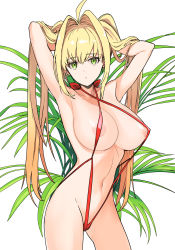 Rule 34 | 1girl, ahoge, areola slip, armpits, arms behind head, arms up, bare shoulders, bikini, blonde hair, breasts, cleavage, collarbone, covered erect nipples, criss-cross halter, fate/grand order, fate (series), green eyes, hair between eyes, hair intakes, halterneck, highres, large breasts, long hair, looking at viewer, navel, nero claudius (fate), nero claudius (fate) (all), nero claudius (swimsuit caster) (fate), one-piece swimsuit, red bikini, red one-piece swimsuit, slingshot swimsuit, solo, swimsuit, thighs, twintails, ysmmzr