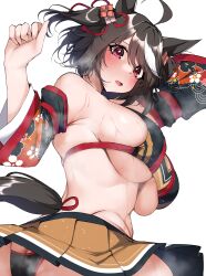 Rule 34 | 1girl, absurdres, ahoge, animal ears, black hair, blush, breasts, commission, detached sleeves, hair ribbon, highres, horse ears, horse girl, horse tail, kitasan black (umamusume), kshimu, large breasts, looking at viewer, multicolored clothes, open mouth, pleated skirt, red eyes, ribbon, sideboob, skeb commission, skirt, solo, steam, sweat, swimsuit, tail, twisted torso, umamusume, underboob, white hair, yellow skirt