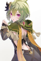 Rule 34 | 1girl, :o, absurdres, backless dress, backless outfit, bra, capelet, collei (genshin impact), commentary request, detached sleeves, dress, genshin impact, gradient background, green capelet, green hair, grey background, highres, long sleeves, looking at viewer, pink eyes, short hair, solo, underwear, upper body, ura (hamburg oniku), white background
