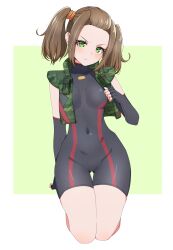 Rule 34 | 1girl, absurdres, black bodysuit, black gloves, bodysuit, breasts, brown hair, camouflage, closed mouth, commentary request, covered collarbone, covered navel, elbow gloves, fingerless gloves, forehead, gloves, green background, green eyes, green vest, groin, highres, kamidan, looking at viewer, open clothes, open vest, shania (xenoblade), small breasts, solo, thigh gap, twintails, two-tone background, v-shaped eyebrows, vest, white background, xenoblade chronicles (series), xenoblade chronicles 3