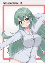 Rule 34 | 1girl, breasts, collared shirt, dress shirt, green eyes, green hair, highres, kantai collection, kurano kisuke, large breasts, long hair, looking at viewer, one-hour drawing challenge, shirt, solo, striped background, suzuya (kancolle), twitter username, upper body, white background, white shirt