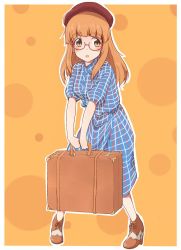 Rule 34 | 10s, 1girl, ankle boots, beret, blue dress, blunt bangs, blush, boots, casual, cbgb, dress, full body, girls und panzer, glasses, hat, highres, holding, long dress, long hair, looking to the side, matching hair/eyes, orange background, orange eyes, orange hair, parted lips, polka dot, polka dot background, red-framed eyewear, round eyewear, semi-rimless eyewear, short sleeves, solo, standing, suitcase, takebe saori, under-rim eyewear