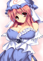 Rule 34 | 1girl, bare shoulders, breast lift, breasts squeezed together, breasts, cleavage, female focus, hat, japanese clothes, large breasts, light smile, looking at viewer, off shoulder, pink hair, red eyes, ryokushiki (midori-ya), saigyouji yuyuko, short hair, shy, solo, touhou, v arms
