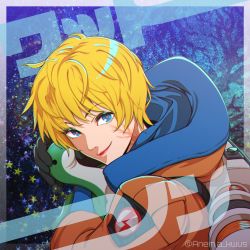 Rule 34 | 1girl, anemia kwus, apex legends, blonde hair, blue eyes, character name, facial scar, from side, head tilt, highres, holding, holding stuffed toy, hood, hooded jacket, jacket, looking at viewer, making-of available, hugging object, orange jacket, photoshop (medium), scar, scar on cheek, scar on face, smile, solo, star (symbol), stuffed toy, wattson (apex legends)