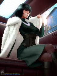 Rule 34 | 1girl, blue sky, blush, boots, breasts, building, car interior, car seat, coat, commentary, corset, crossed legs, dress, english commentary, from below, fubuki (one-punch man), fur coat, green dress, green eyes, green footwear, green hair, highres, holding, holding clothes, holding coat, jacket, jacket on shoulders, jewelry, knee boots, large breasts, necklace, one-punch man, pantyhose, parted lips, seat, short hair, sitting, sky, solo, themaestronoob, window