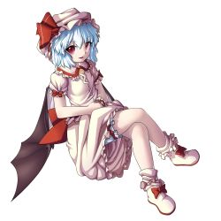 Rule 34 | 1girl, bad id, bad pixiv id, bat wings, blue hair, fang, female focus, full body, geppewi, hat, highres, crossed legs, red eyes, remilia scarlet, ribbon, shoes, short hair, sitting, smile, solo, touhou, transparent background, wings