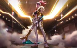 Rule 34 | 1girl, absurdres, akali, baseball cap, black tank top, bracelet, breasts, cleavage, fur trim, gloves, hat, highres, holding, holding weapon, idol, jacket, jewelry, k/da (league of legends), k/da akali, league of legends, long hair, looking at viewer, midriff, navel, necklace, official alternate costume, official art, pants, red hair, red lips, smoke, solo, tank top, weapon, white footwear, white gloves, white pants