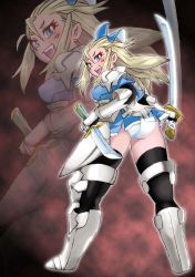 Rule 34 | 1girl, armor, armored dress, ass, blonde hair, blue eyes, boots, bow, bravely default: flying fairy, bravely default (series), bravely second: end layer, breasts, dress, dual wielding, edea lee, fang, female focus, from behind, from below, hair bow, holding, katana, knife, long hair, looking back, onnaski, open mouth, panties, reverse grip, short dress, sideboob, smile, solo, sword, thigh boots, thighhighs, underwear, weapon, white panties