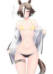 Rule 34 | 1girl, absurdres, animal ears, bikini, black bikini, blush, breasts, brown hair, closed mouth, clothes pull, commentary, cowboy shot, ear ornament, earrings, frown, hair over one eye, half-closed eyes, halterneck, hatinanasan8787, highres, horse ears, horse girl, horse tail, jewelry, long sleeves, looking at viewer, mismatched bikini, multi-strapped bikini bottom, multicolored hair, navel, open clothes, open shirt, pulled by self, shirt pull, simple background, small breasts, solo, standing, sweatdrop, swimsuit, tail, thigh strap, translated, umamusume, vodka (umamusume), white background, white hair, yellow bikini