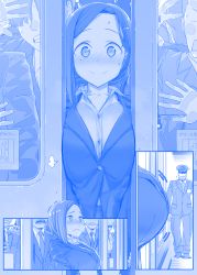 Rule 34 | 1girl, against glass, blue theme, blush, breasts, closed mouth, comic, commentary request, crowded, embarrassed, eyebrows, formal, getsuyoubi no tawawa, hand on glass, hat, himura kiseki, inconvenient breasts, kouhai-chan (tawawa), large breasts, looking at viewer, mole, mole under eye, monochrome, multiple boys, necktie, security guard, silent comic, smile, sweat, sweatdrop, train, train interior, trembling, uniform