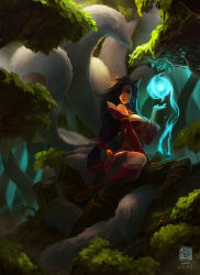 Rule 34 | 1girl, 6kart, absurdres, ahri (league of legends), animal ears, armor, black hair, blue fire, boots, breasts, cleavage, energy, fire, forest, fox ears, fox tail, full body, highres, league of legends, long hair, looking at viewer, monster, moss, nature, outdoors, red eyes, signature, sitting, solo, sword, tail, tree, weapon