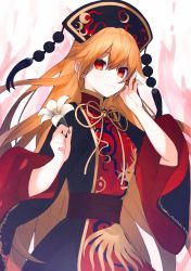 Rule 34 | arms up, black dress, black headwear, blonde hair, chinese clothes, dress, fire, flower, hand in own hair, hat, highres, holding, holding flower, ikasoba, junko (touhou), long hair, long sleeves, red eyes, robe, smile, touhou, white background, white flower