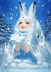 Rule 34 | 1girl, :3, :d, animal, animal ear fluff, animal ears, arctic hare (kemono friends), capelet, commentary, full body, fur-trimmed capelet, fur trim, highres, kemono friends, lain, long hair, looking up, mittens, open mouth, outdoors, pantyhose, rabbit, rabbit ears, red eyes, sitting, smile, snow, snowing, solo, wariza, white capelet, white hair, white mittens, white pantyhose