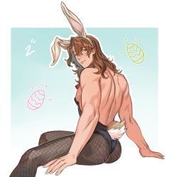 Rule 34 | 1boy, alternate costume, animal ears, arms behind back, ass, backless outfit, bara, bare back, bare shoulders, brown hair, closed mouth, cowboy shot, easter egg, egg, fake animal ears, fake tail, from behind, granblue fantasy, hair between eyes, kemonomimi mode, long hair, looking at viewer, looking back, male focus, male playboy bunny, muscular, muscular male, natural virtue, pantyhose, pectorals, rabbit boy, rabbit ears, rabbit tail, siegfried (granblue fantasy), simple background, sitting, skin tight, smile, solo, tail