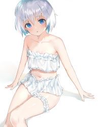 Rule 34 | 1girl, absurdres, bare arms, bare shoulders, blue eyes, breasts, collarbone, commentary, cowboy shot, frilled skirt, frilled straps, frills, grey hair, hair between eyes, highres, knees together feet apart, looking at viewer, multicolored eyes, navel, original, parted lips, shaded face, shadow, shiny skin, short hair, simple background, sitting, skirt, small breasts, solo, thigh strap, thighs, white background, white hair, white skirt, yuu maraa