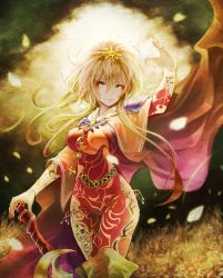Rule 34 | 1girl, akai kitsune, arm up, bad id, bad pixiv id, blonde hair, bodysuit, boots, breasts, cape, character request, green eyes, hair ornament, large breasts, long hair, looking at viewer, petals, saga, solo, thigh boots, thighhighs, very long hair