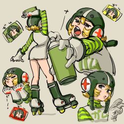 Rule 34 | 1girl, arm up, blonde hair, bottle, can, dress, gloves, gum (jsr), headphones, highres, holding, holding can, jet set radio, looking at viewer, multiple views, open mouth, parted lips, roller skates, shirt, skates, spray bottle, spray can, striped clothes, striped shirt, vol2pencil, white gloves