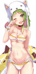 Rule 34 | 1girl, ;d, animal hat, arm behind back, bare shoulders, bikini, blush, breasts, cat hat, cleavage, collar, collarbone, cowboy shot, fang, gluteal fold, green eyes, green hair, hat, head tilt, highres, holding, innertube, looking at viewer, medium breasts, navel, nigouu, one eye closed, open mouth, original, smile, solo, standing, strapless, strapless bikini, swim ring, swimsuit, white bikini, white hat, wiping face, wrist cuffs
