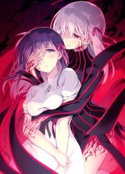 Rule 34 | 2girls, arm grab, arm under breasts, black dress, blue eyes, blush, breasts, commentary request, corruption, covering one eye, dark persona, dark sakura, dress, dual persona, fate/stay night, fate (series), grabbing, hair ribbon, hand on another&#039;s face, heaven&#039;s feel, itoichi., large breasts, long hair, long sleeves, looking at another, looking at viewer, matou sakura, medium breasts, multiple girls, parted lips, pink ribbon, purple eyes, purple hair, red eyes, ribbon, smile, striped clothes, striped dress, vertical-striped clothes, vertical-striped dress, white dress, white hair