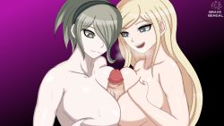 Rule 34 | 2girls, artist name, bare arms, beige hair, bite mark, black background, blonde hair, bravebengal, breasts, closed mouth, collarbone, cooperative paizuri, danganronpa (series), danganronpa 2: goodbye despair, danganronpa v3: killing harmony, ears, eyelashes, fingernails, gradient background, green eyes, hair over one eye, hand up, hands on breasts, hands on own breasts, highres, large breasts, looking at penis, looking down, multicolored background, multiple girls, nose, nude, offscreen person, open mouth, paizuri, parted bangs, parted hair, penis, purple background, shiny skin, simple background, smile, sonia nevermind, steam, sweat, sweatdrop, tojo kirumi, topless, uncensored, upper body, veins, veiny penis